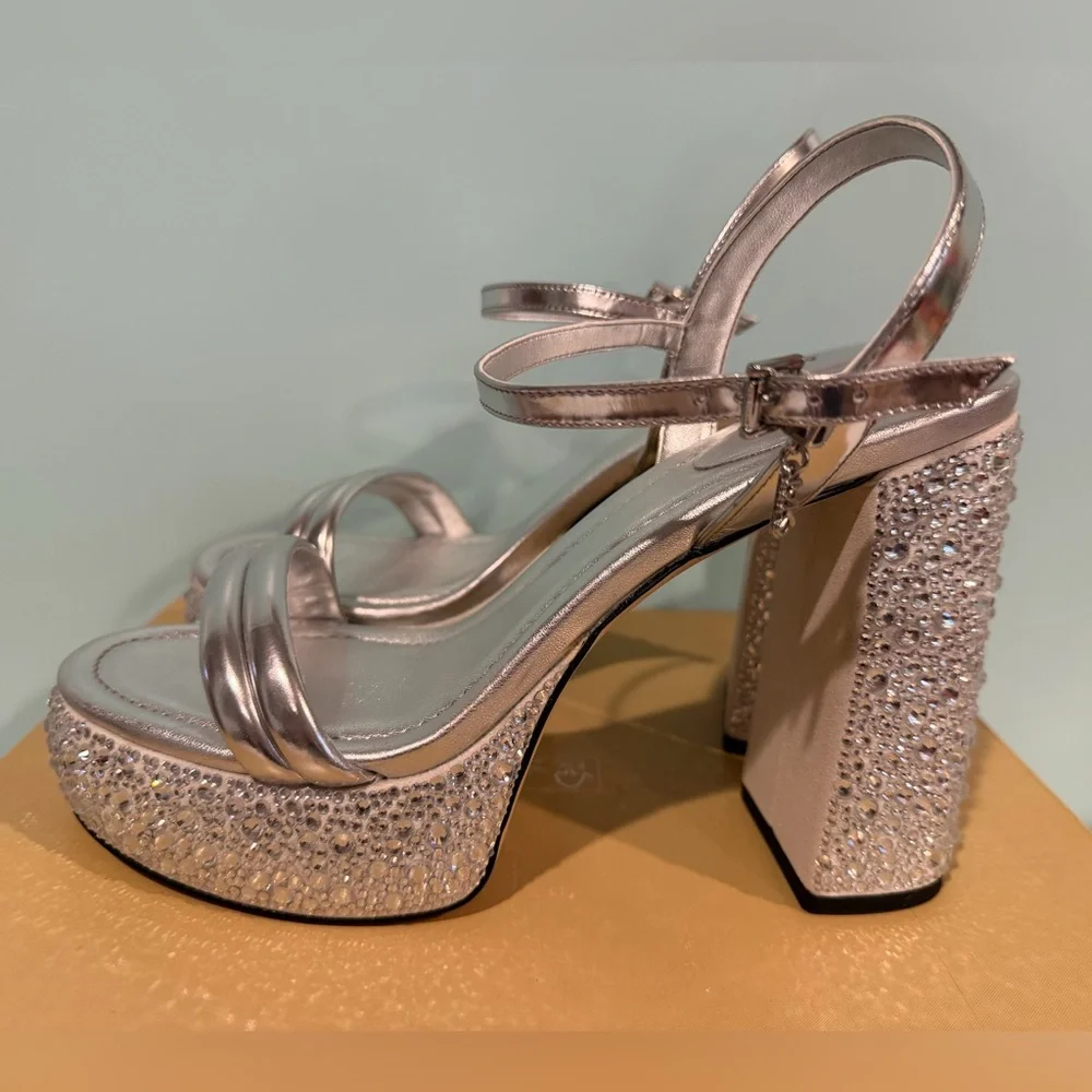 Michael Kors Silver Platform Sandals with Crystal Embellished Heels